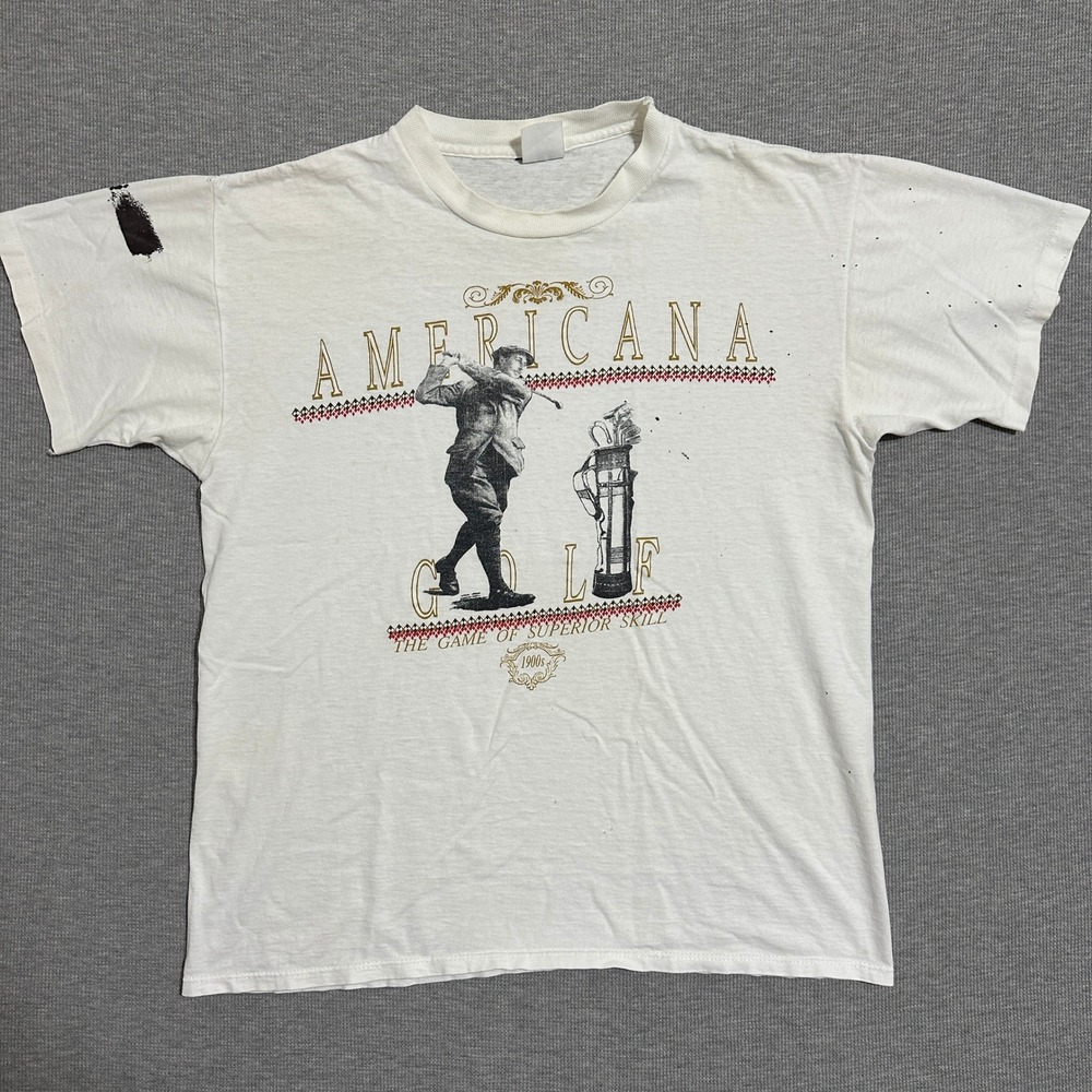 Vintage Americana Golf Graphic Tee Distressed Single Stitch‎ White Mens Large